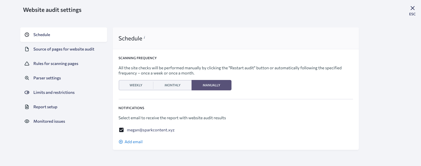 Using SE Ranking to Conduct A Website Audit: Dashboard Image of Scheduling Audits